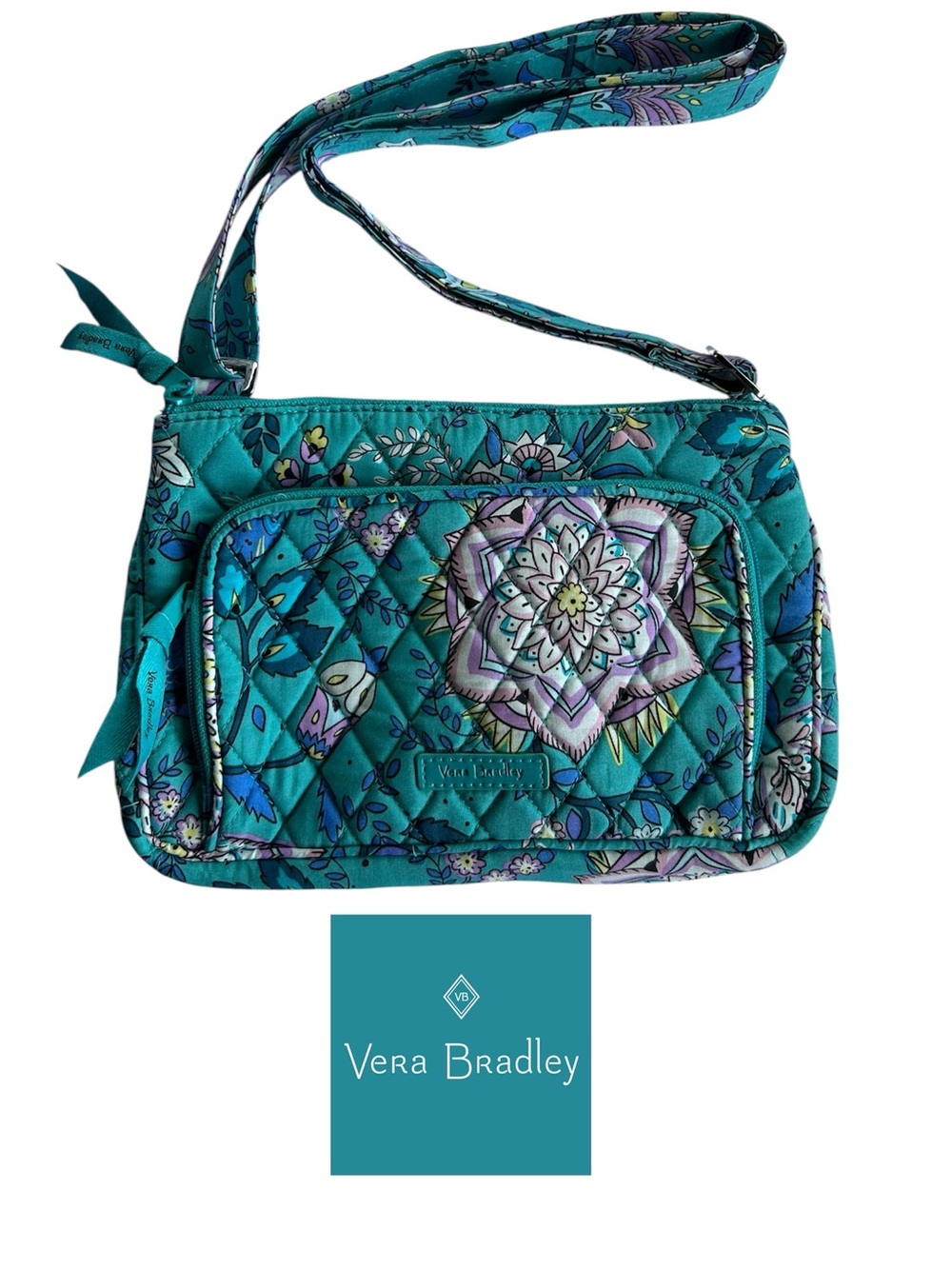Vera Bradley Turquoise Floral Quilted Crossbody with Purple Accents